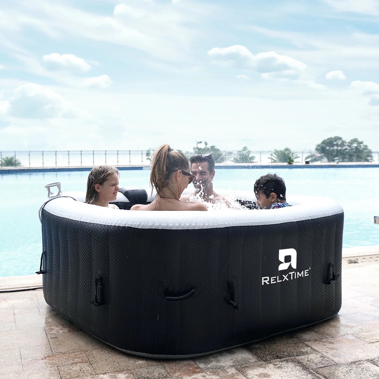 Inflatable Hot Tub Spa Square Portable Outdoor Pool with 120 Massage Jets for 2-4 Person, Black