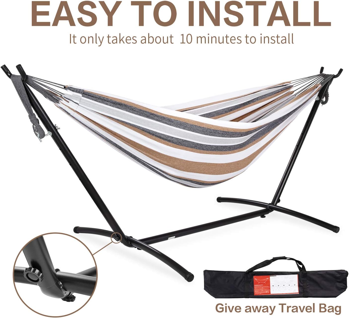 Heavy Duty 2 Person Hammock with Space Saving Steel Stand and Portable Carrying Bag Included (450Lb Capacity)
