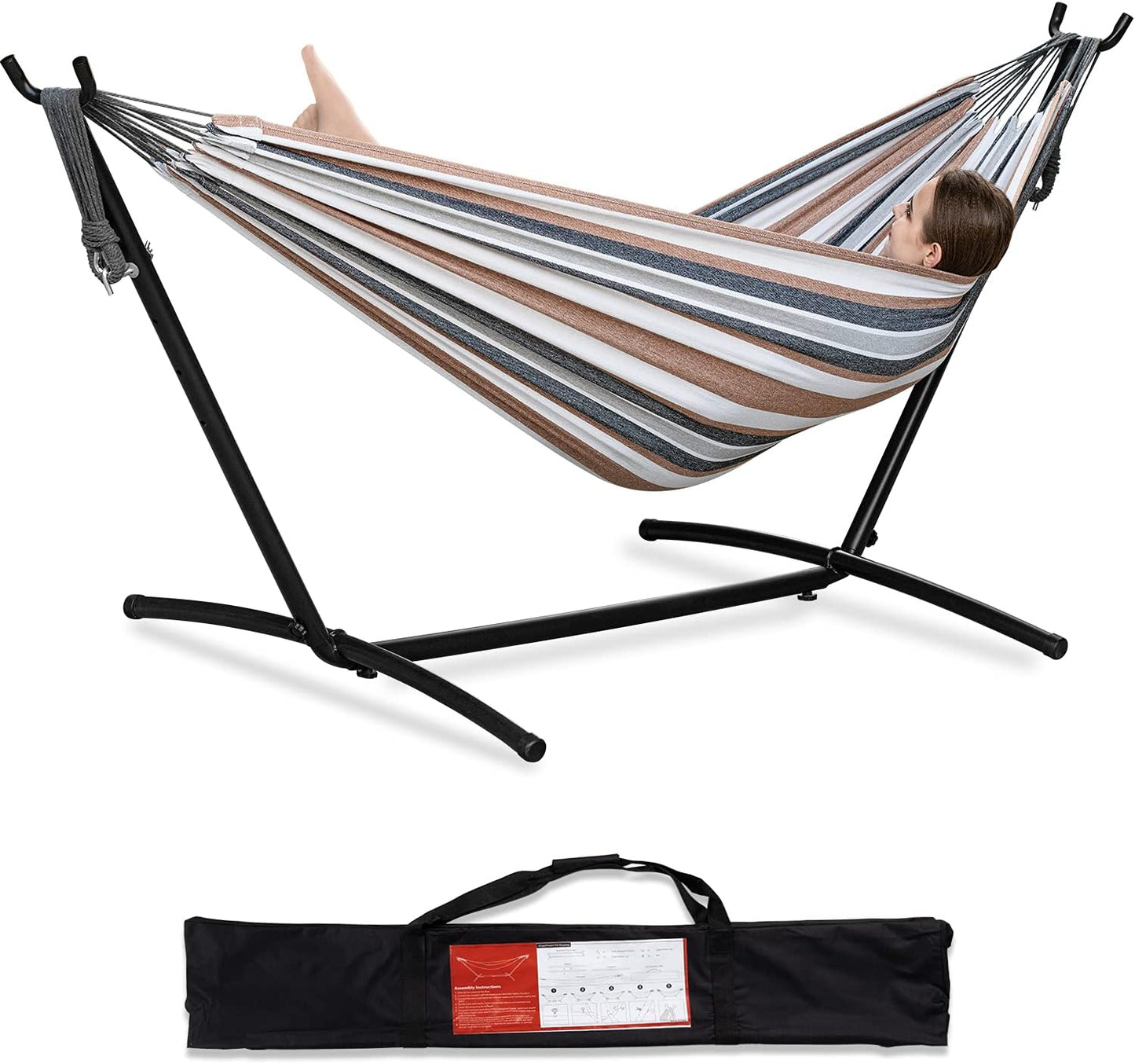 Heavy Duty 2 Person Hammock with Space Saving Steel Stand and Portable Carrying Bag Included (450Lb Capacity)