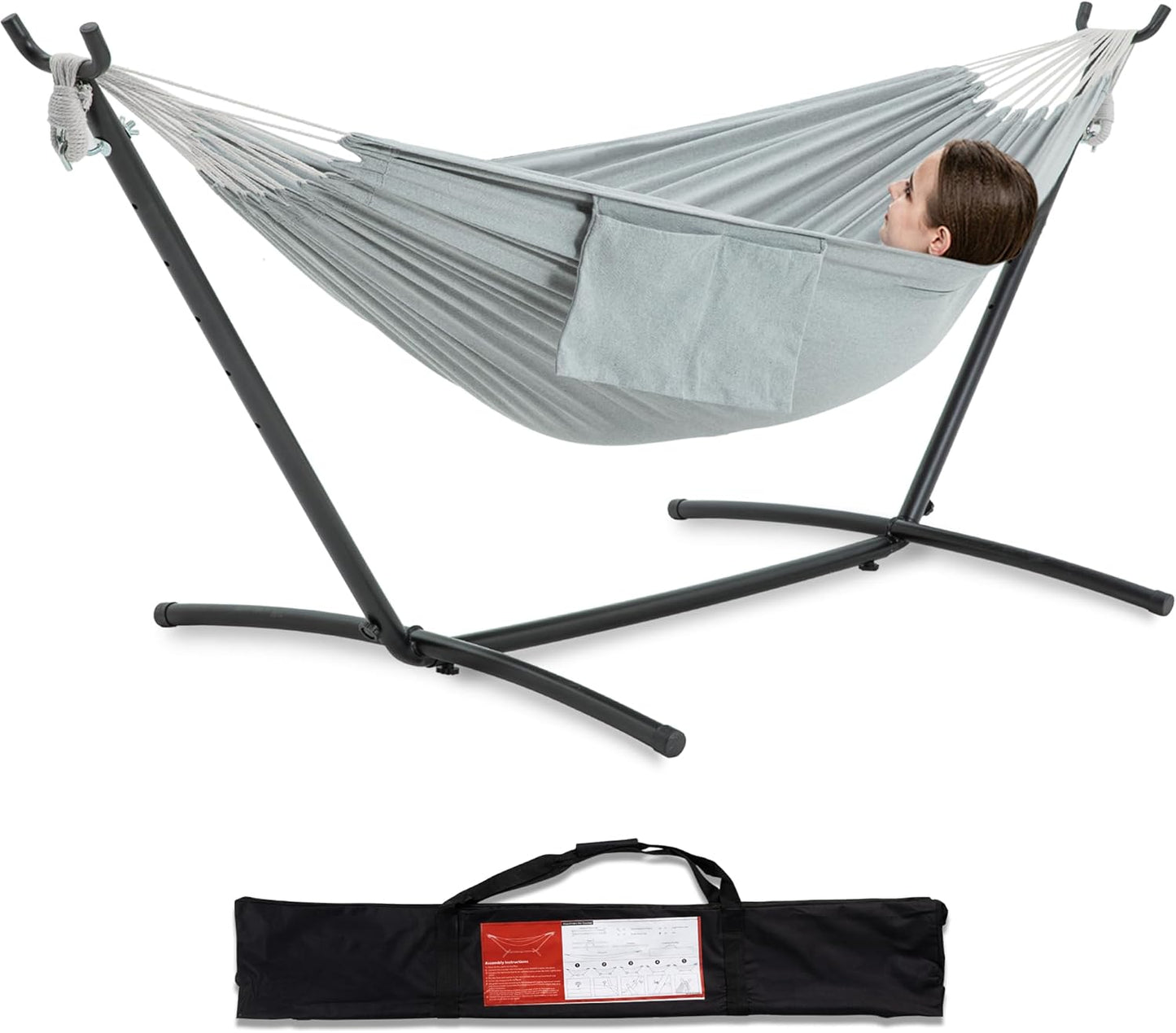 Heavy Duty 2 Person Hammock with Space Saving Steel Stand and Portable Carrying Bag Included (450Lb Capacity)