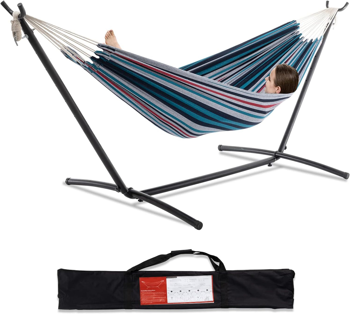 Heavy Duty 2 Person Hammock with Space Saving Steel Stand and Portable Carrying Bag Included (450Lb Capacity)
