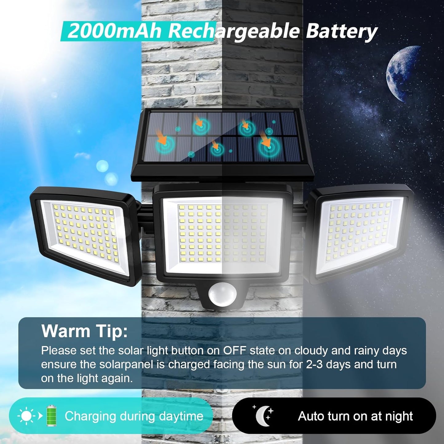 3 Head, Outdoor, Solar, Security, Motion Sensor Lights, 2500LM 210 LED, With Remote Control, IP65 Waterproof,270° Wide Angle Flood Wall Lights with 3 Modes(2 Packs) (2 Pack, 2)