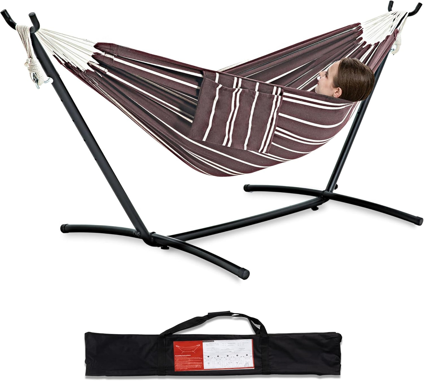 Heavy Duty 2 Person Hammock with Space Saving Steel Stand and Portable Carrying Bag Included (450Lb Capacity)