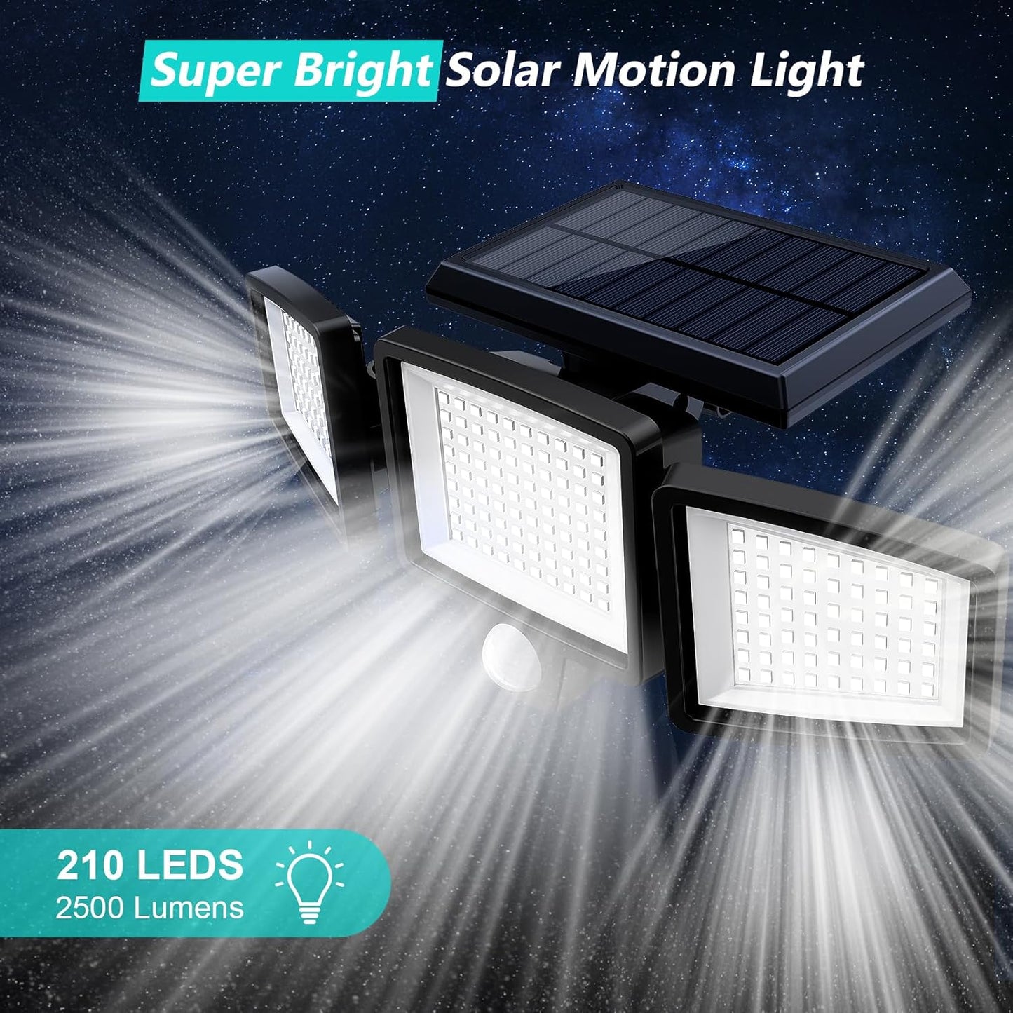 3 Head, Outdoor, Solar, Security, Motion Sensor Lights, 2500LM 210 LED, With Remote Control, IP65 Waterproof,270° Wide Angle Flood Wall Lights with 3 Modes(2 Packs) (2 Pack, 2)