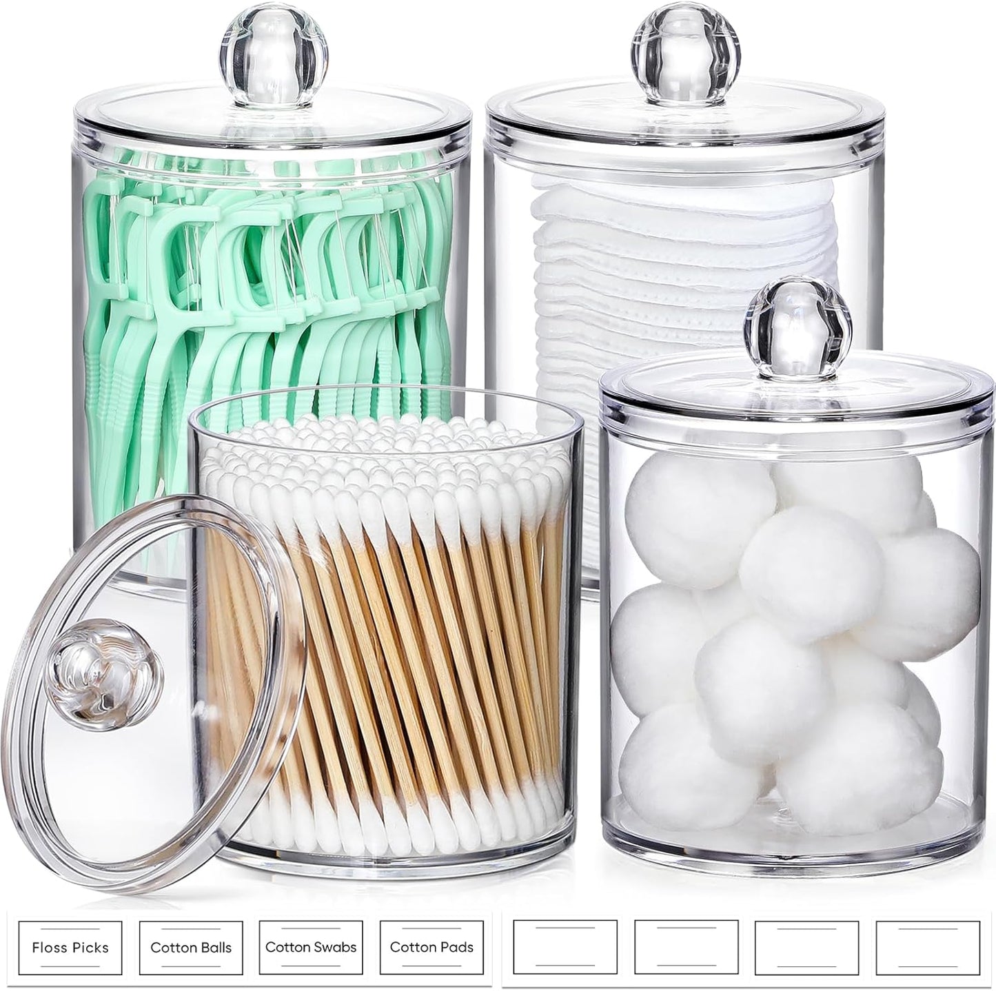 4 Pack Acrylic Qtip Holder Dispenser for Cotton Swabs, Balls, Pads, Floss Picks- Small Clear Plastic Canister Apothecary Jar Set, Vanity Makeup Storage Organizer
