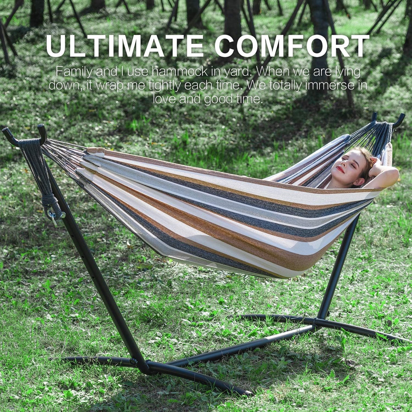 Heavy Duty 2 Person Hammock with Space Saving Steel Stand and Portable Carrying Bag Included (450Lb Capacity)