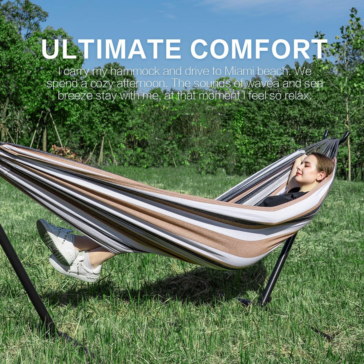 Heavy Duty 2 Person Hammock with Space Saving Steel Stand and Portable Carrying Bag Included (450Lb Capacity)