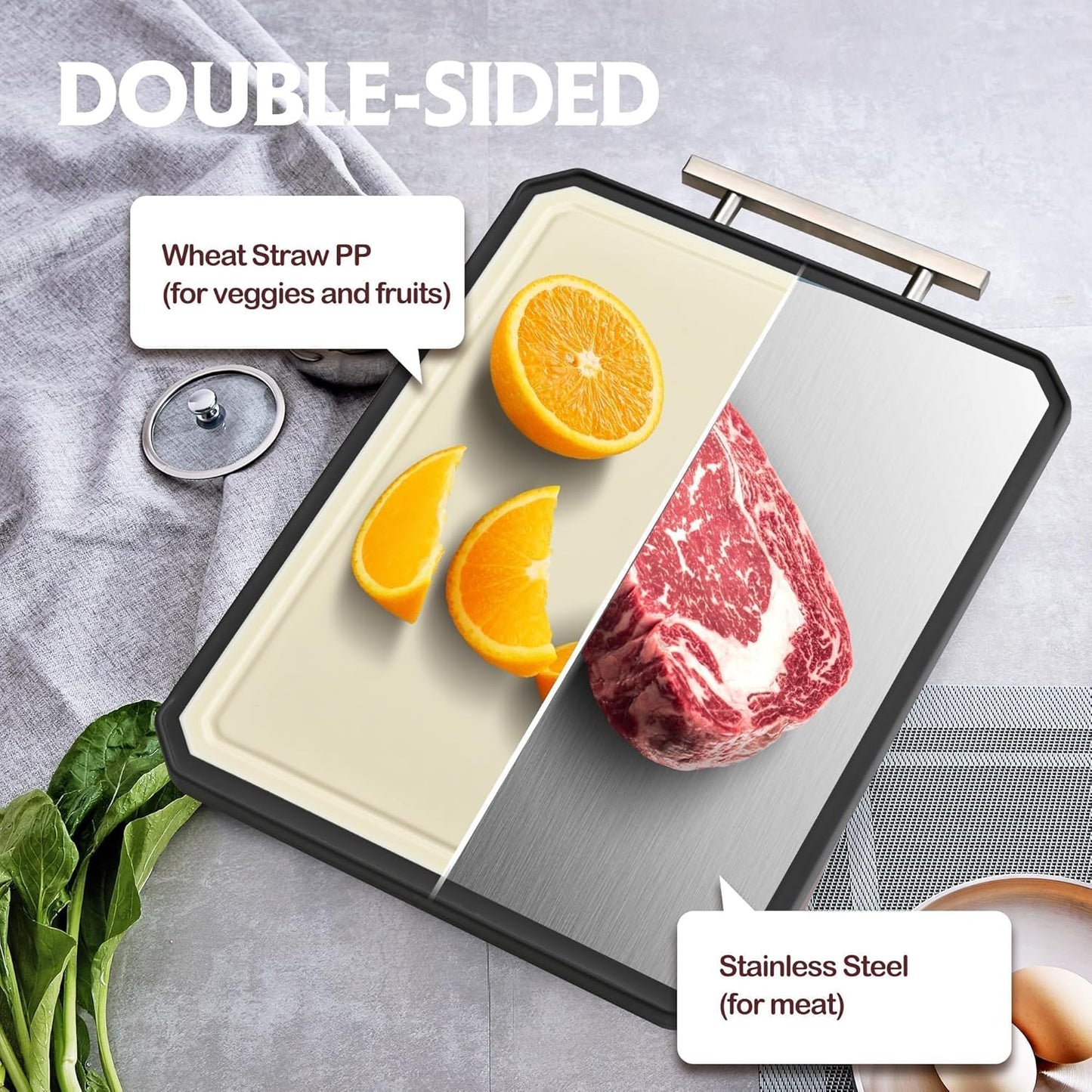 Stainless Steel Cutting Board, Double Sided Stainless Steel/Wheat Straw, Dishwasher Safe, Non Toxic Chopping Board