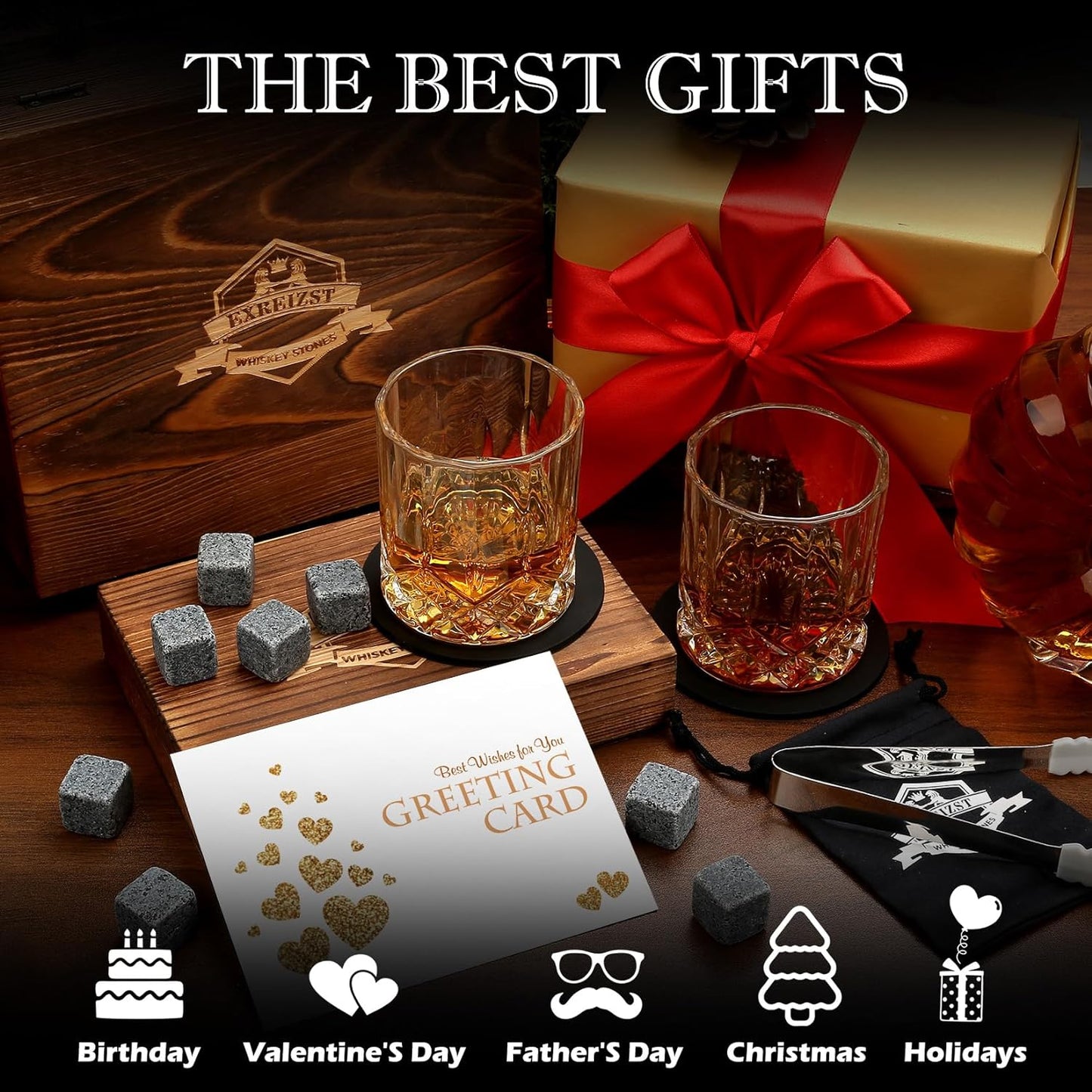 Whiskey Glass Gift Set of 2 - Granite Chilling Whiskey Rocks - Scotch Bourbon Box
