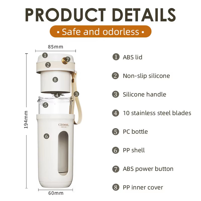 Electric Portable Blender with 10 Stainless Steel Blades, USB Rechargeable