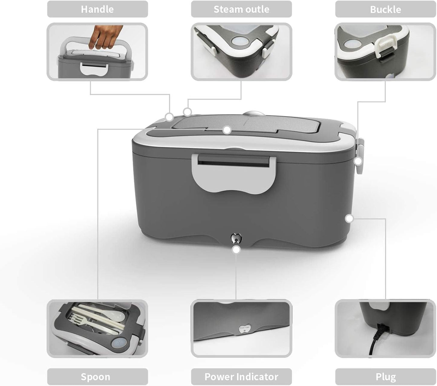 Electric Lunch Box, Portable Food Warmer for Home/Office/Work Use Portable Food Warmer Heater with Removable 304 Stainless Steel Container and Free Spoon & Fork (Grey)