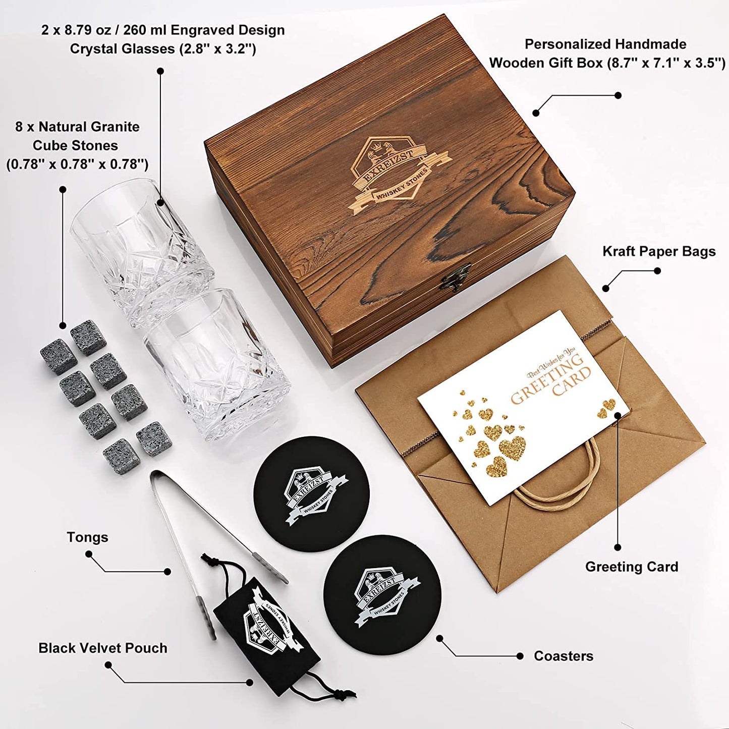 Whiskey Glass Gift Set of 2 - Granite Chilling Whiskey Rocks - Scotch Bourbon Box