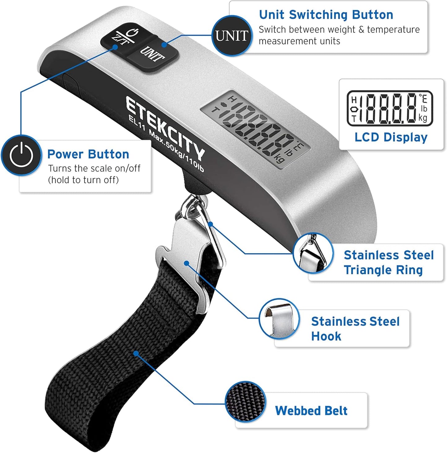 Digital Baggage Weight Scale with Hook, 110 Pounds, Battery Included