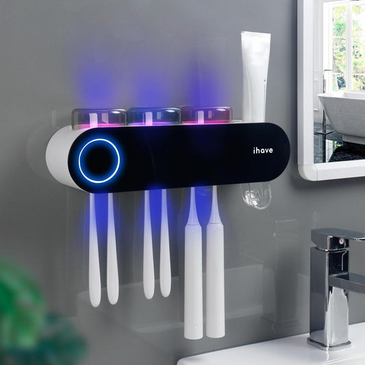 UV Toothbrush Sanitizer and Holder Smart Home Bathroom Accessory, 3 Cups Electric Toothbrush Holder Wall Mounted with Toothpaste Dispenser 