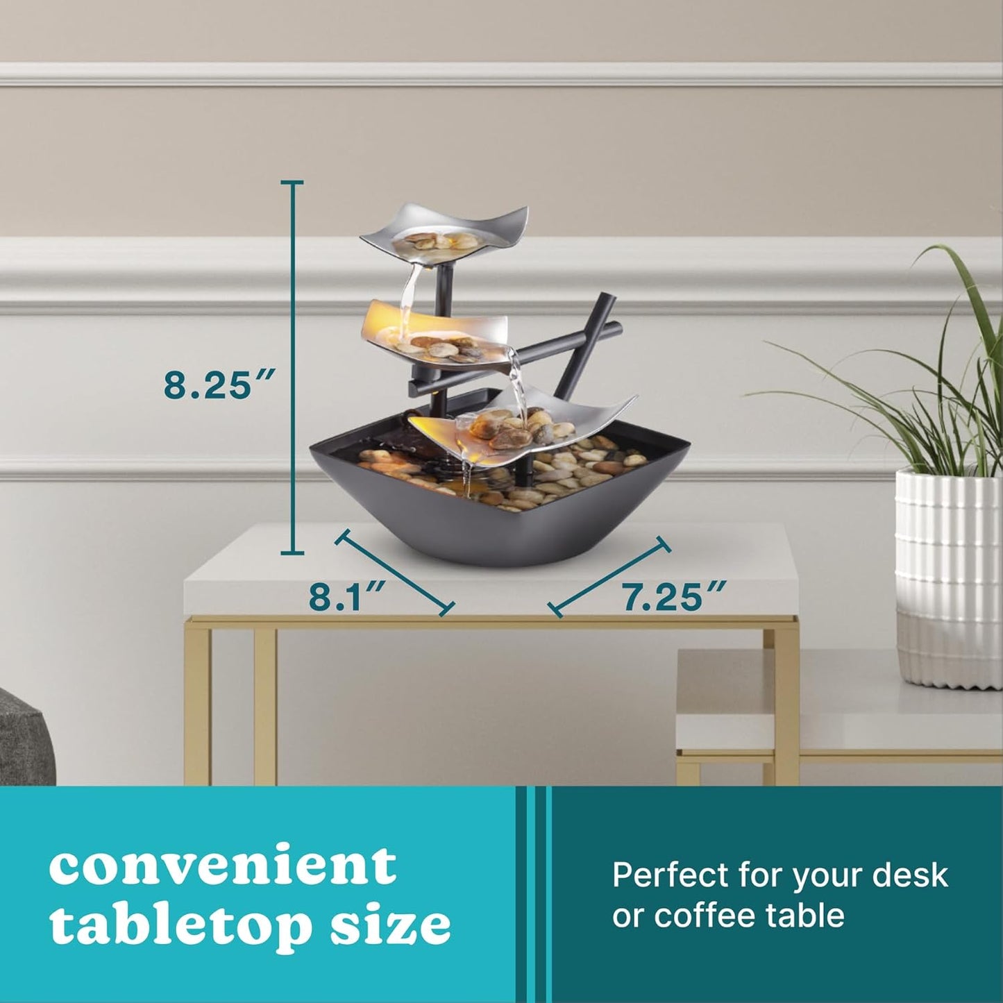 Tabletop Water Fountain, Home Décor Soothing Sound Machine - Automatic Pump, Deep Basin & Natural River Rocks. 8.25” Tall