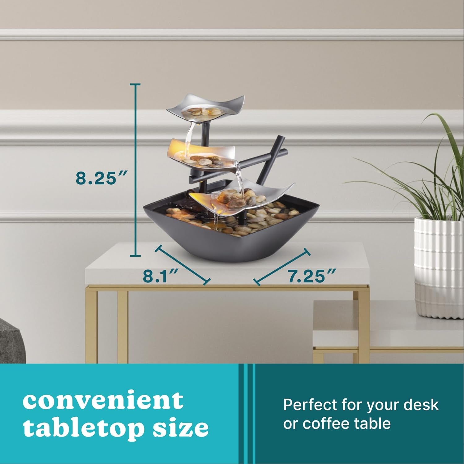 Tabletop Water Fountain, Home Décor Soothing Sound Machine - Automatic Pump, Deep Basin & Natural River Rocks. 8.25” Tall