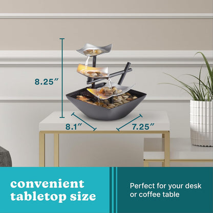 Tabletop Water Fountain, Home Décor Soothing Sound Machine - Automatic Pump, Deep Basin & Natural River Rocks. 8.25” Tall