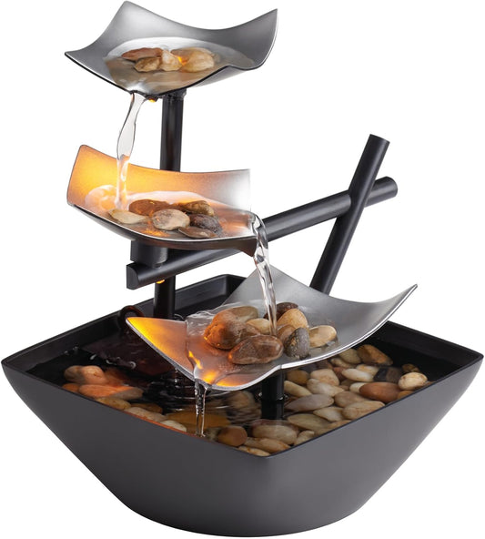 Tabletop Water Fountain, Home Décor Soothing Sound Machine - Automatic Pump, Deep Basin & Natural River Rocks. 8.25” Tall