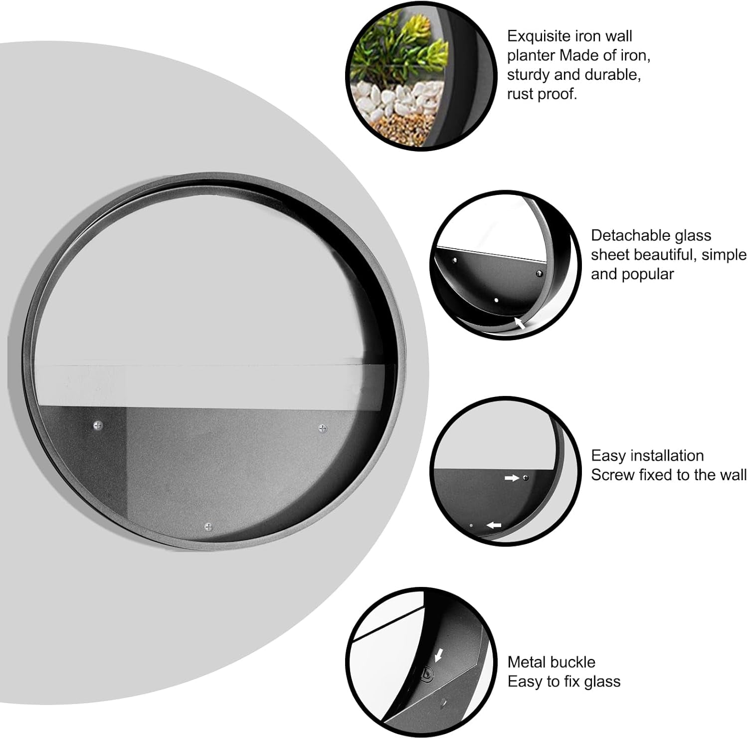 3 Pack Set Modern, Round, Glass Wall Planter (Black)