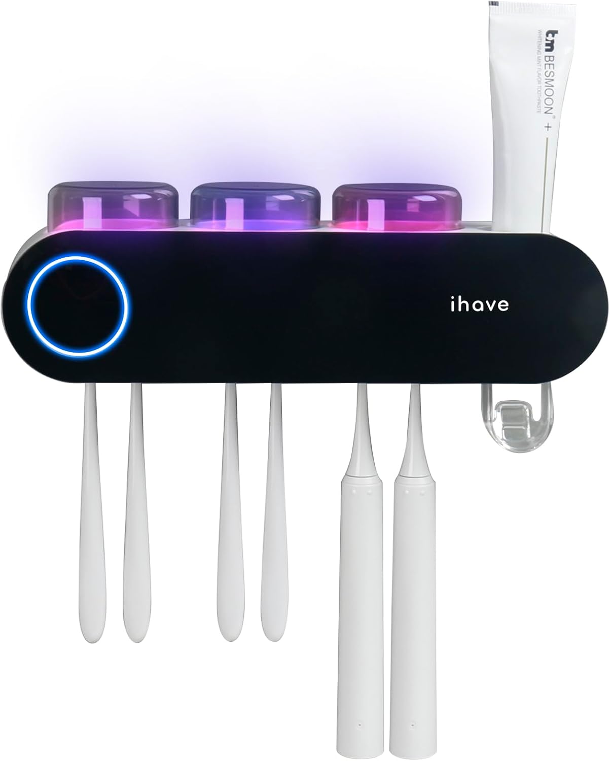 UV Toothbrush Sanitizer and Holder Smart Home Bathroom Accessory, 3 Cups Electric Toothbrush Holder Wall Mounted with Toothpaste Dispenser 