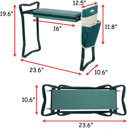Folding Garden Kneeler Seat Portable Bench Stool with Soft Kneeling Foam Pad and Tool Pouch 