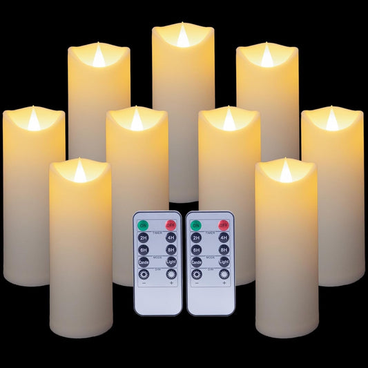 9 Pc Flickering Flameless Candles with Remote Timer, Battery Operated LED Pillar Candles with 3D Flame