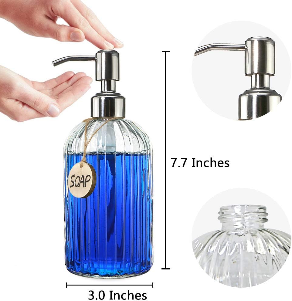18 Oz Clear Glass Soap Dispenser with Rust Proof Stainless Steel Pump, Refillable Liquid Hand Soap Dispenser