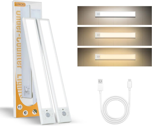 2 Pack 12 Inch Rechargeable, Battery Operated, Motion Sensor, USB Charging Indoor Lights with 3 Color Temps. and Magnetic Mounting Strips with Self Adhesive