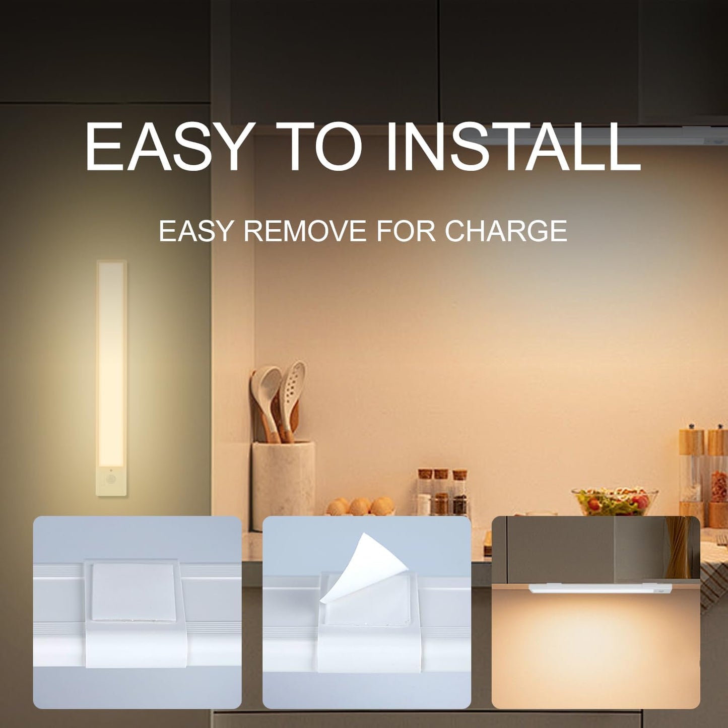 2 Pack 12 Inch Rechargeable, Battery Operated, Motion Sensor, USB Charging Indoor Lights with 3 Color Temps. and Magnetic Mounting Strips with Self Adhesive