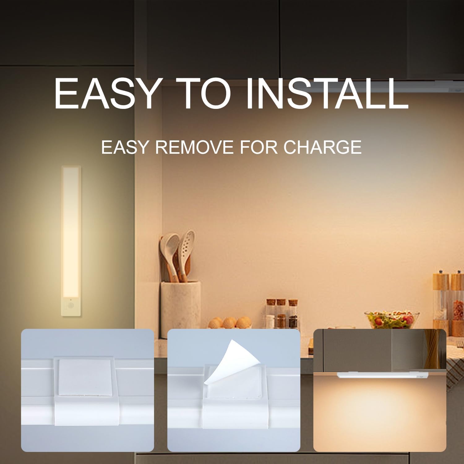 2 Pack 12 Inch Rechargeable, Battery Operated, Motion Sensor, USB Charging Indoor Lights with 3 Color Temps. and Magnetic Mounting Strips with Self Adhesive