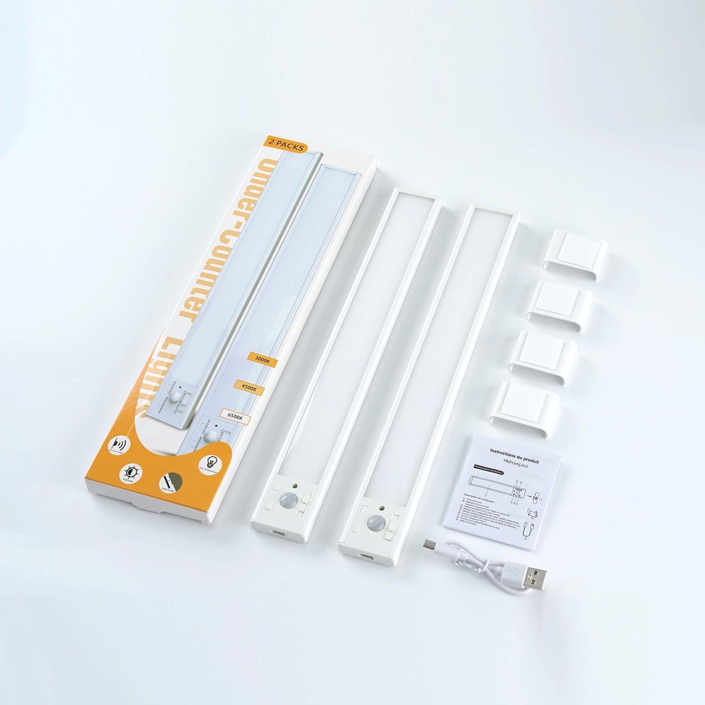 2 Pack 12 Inch Rechargeable, Battery Operated, Motion Sensor, USB Charging Indoor Lights with 3 Color Temps. and Magnetic Mounting Strips with Self Adhesive