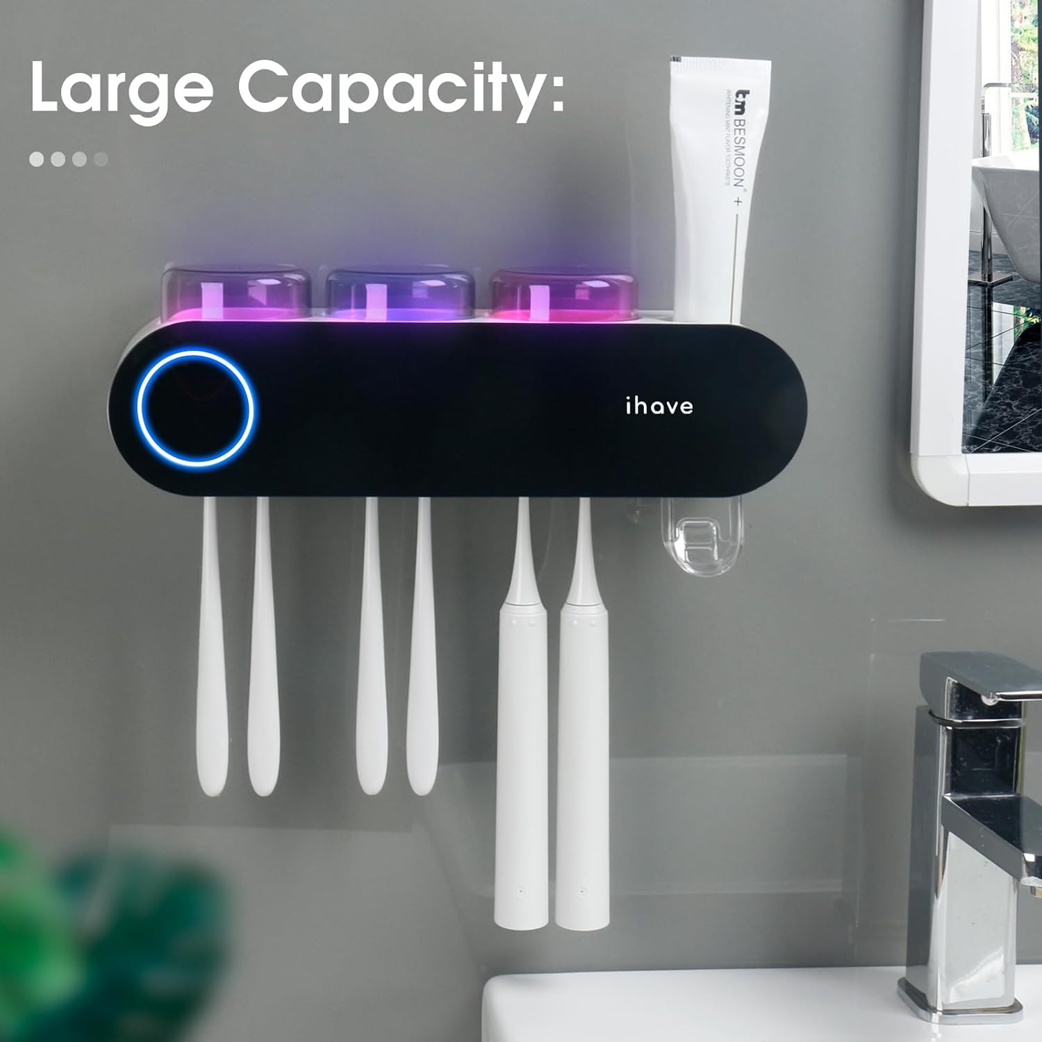 UV Toothbrush Sanitizer and Holder Smart Home Bathroom Accessory, 3 Cups Electric Toothbrush Holder Wall Mounted with Toothpaste Dispenser 