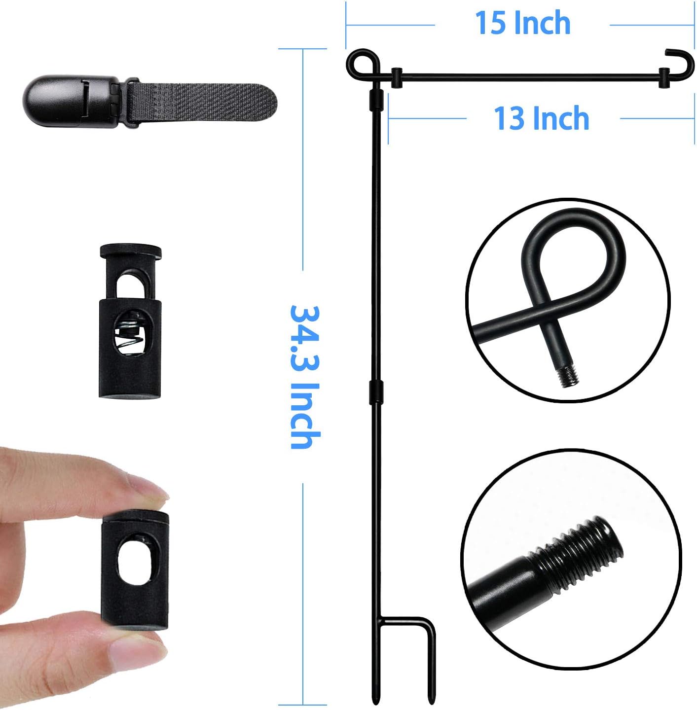 Garden Flag Stand, Flag Pole Holder, Metal Powder-Coated, Weather-Proof Paint with One Tiger Clip and Two Spring Stoppers without Flag