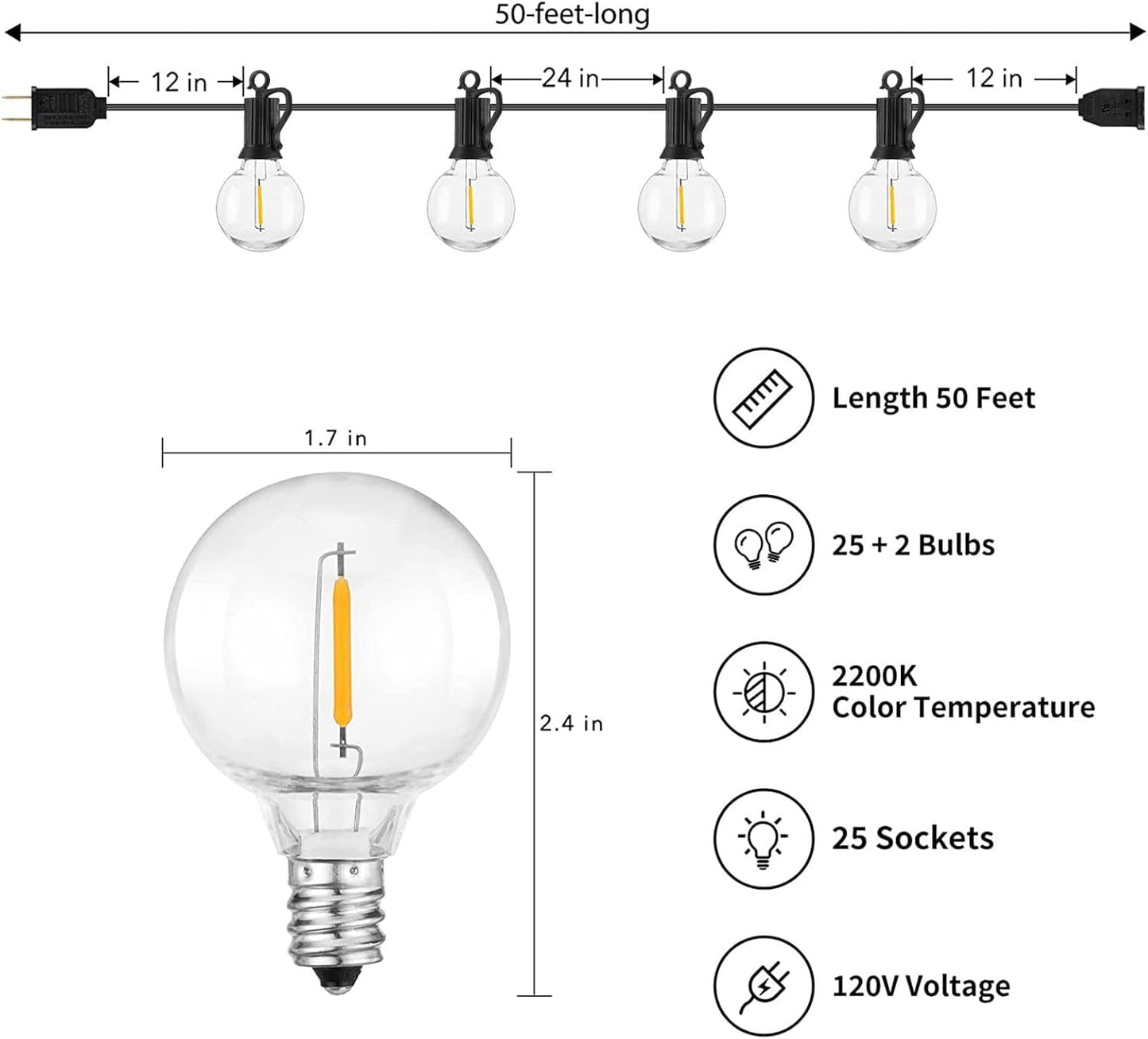 Outdoor String Lights - Connectable Dimmable LED Lights with G40 Globe Plastic Bulbs, All Weatherproof Hanging Lights (50 Ft - 25 LED Bulbs)