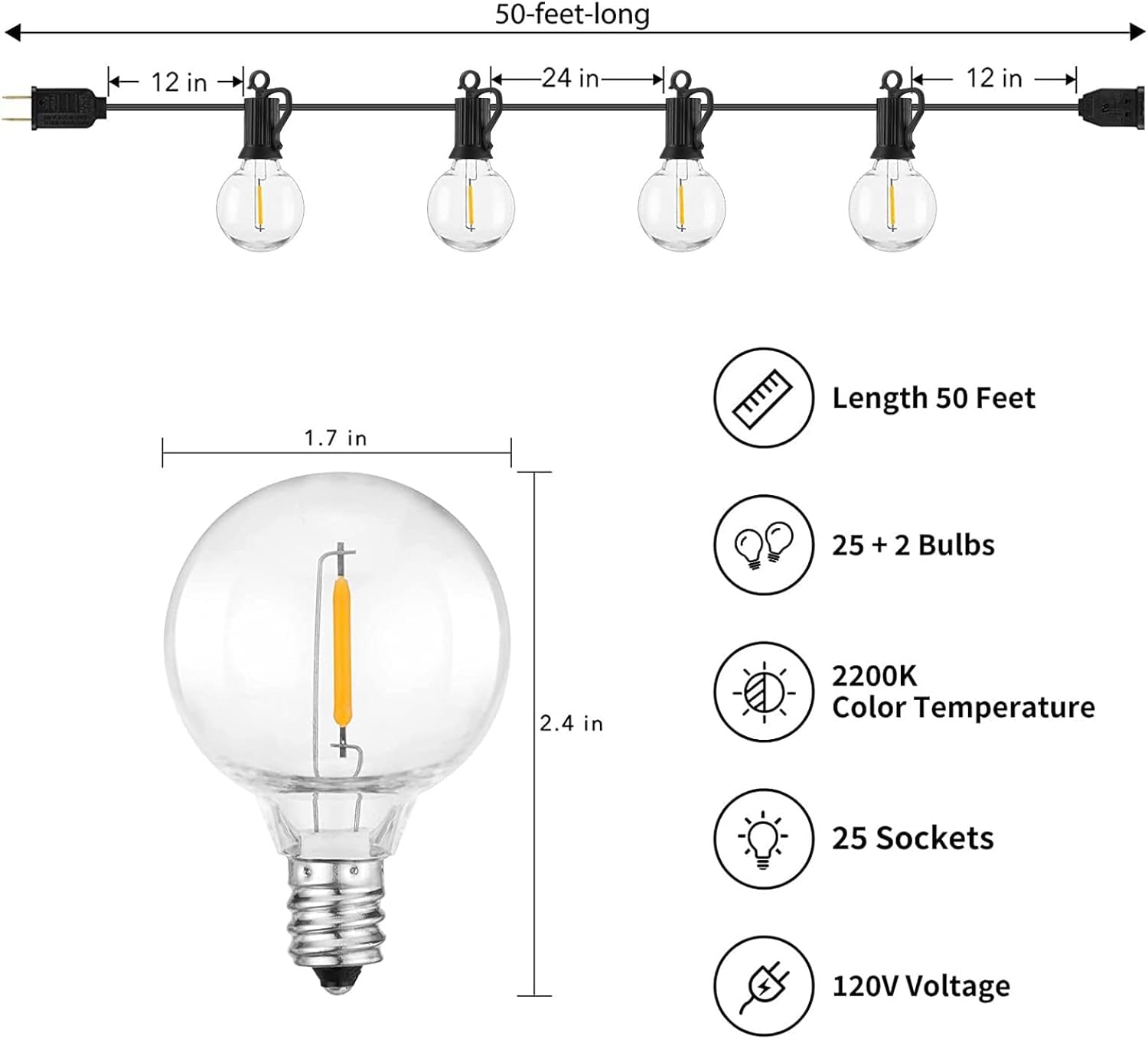Outdoor String Lights - Connectable Dimmable LED Lights with G40 Globe Plastic Bulbs, All Weatherproof Hanging Lights (50 Ft - 25 LED Bulbs)