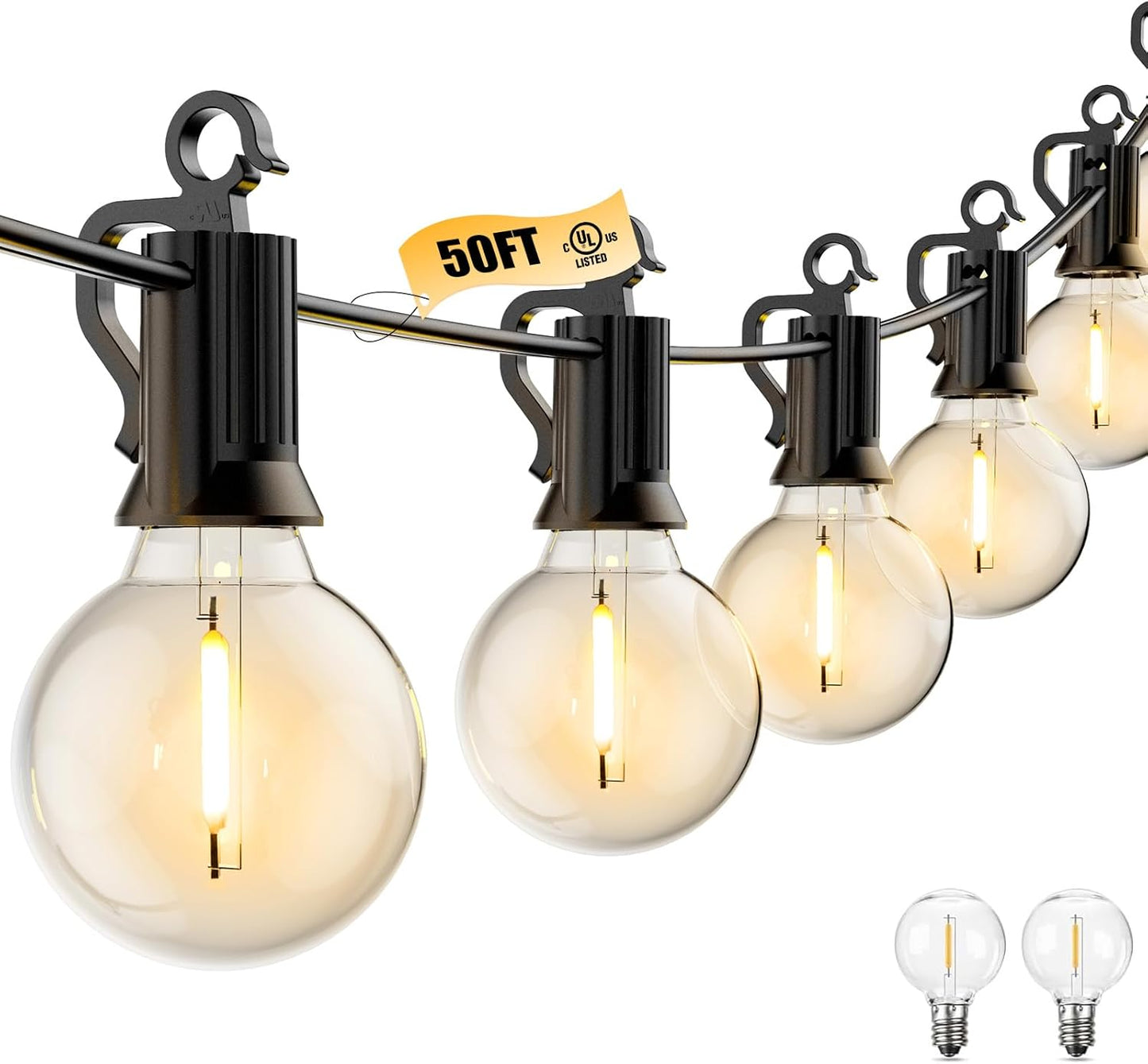 Outdoor String Lights - Connectable Dimmable LED Lights with G40 Globe Plastic Bulbs, All Weatherproof Hanging Lights (50 Ft - 25 LED Bulbs)