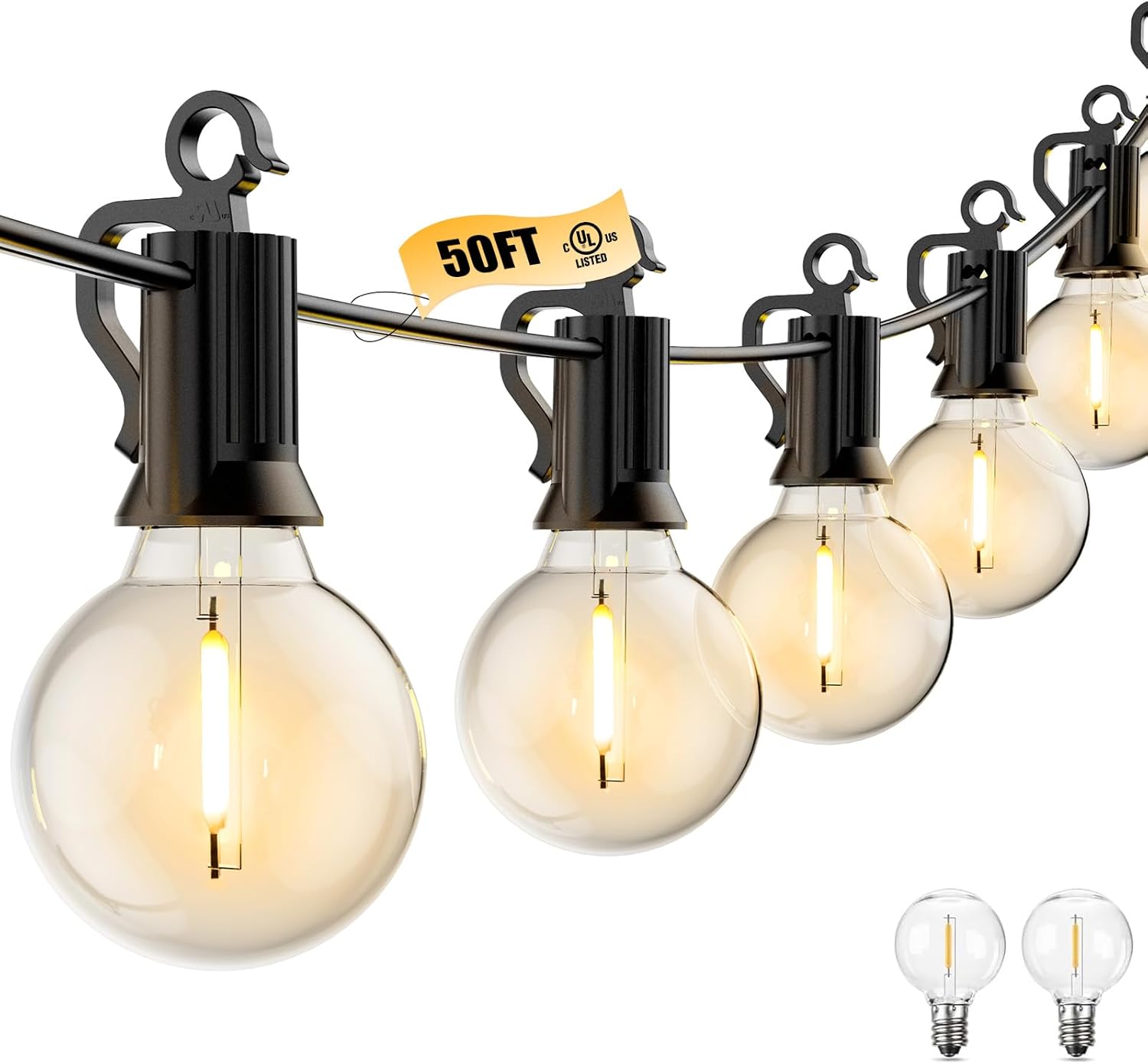 Outdoor String Lights - Connectable Dimmable LED Lights with G40 Globe Plastic Bulbs, All Weatherproof Hanging Lights (50 Ft - 25 LED Bulbs)