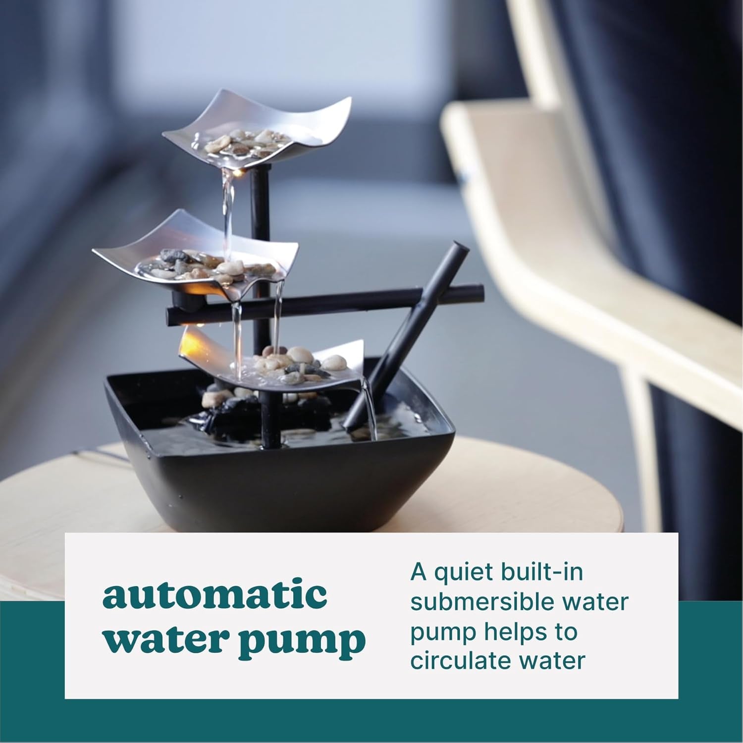 Tabletop Water Fountain, Home Décor Soothing Sound Machine - Automatic Pump, Deep Basin & Natural River Rocks. 8.25” Tall