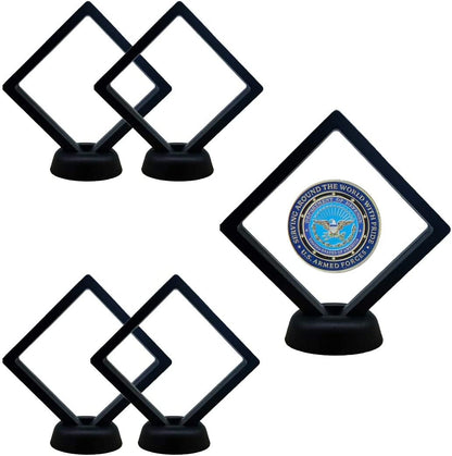 5 Pack 3D Floating Coin Display Case with Stands, 2.75X2.75 Inch Suspension Frame for Military Medals, Jewelry, Medallions Specimens Premium Shadow Box Collection