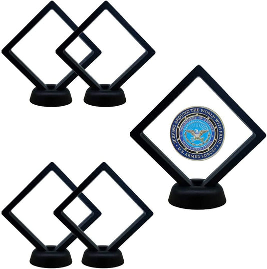 5 Pack 3D Floating Coin Display Case with Stands, 2.75X2.75 Inch Suspension Frame for Military Medals, Jewelry, Medallions Specimens Premium Shadow Box Collection
