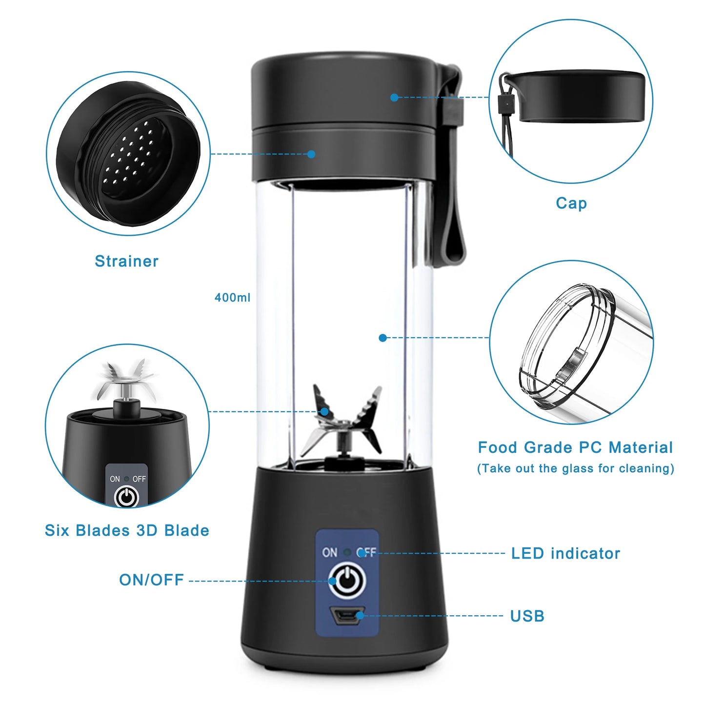 12.9oz Portable Blender, for Shakes and Smoothies, Mini 