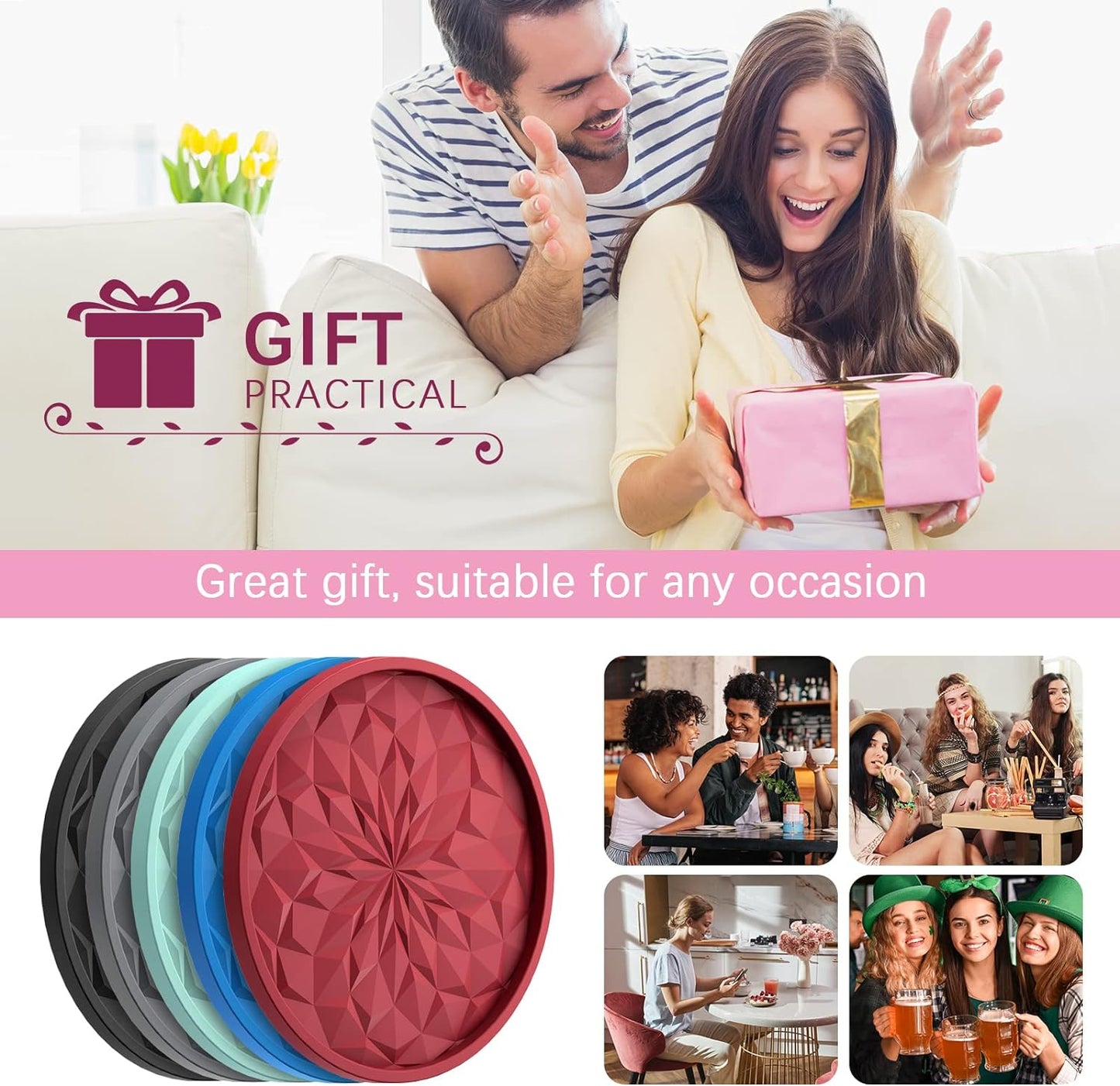 Silicone Coasters [6 Pack] Coasters with Holder -  Live for Hot or Cold Drink Thickened, Non-Slip, Non-Stick, Deep Tray