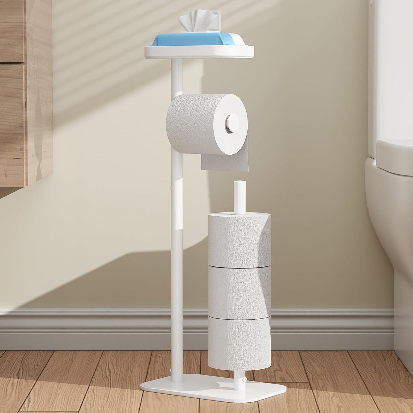 Free Standing, Multifunctional & Rustless Toilet Paper Holder, Stand for 4 Rolls, with Shelf for Phones & Small Items