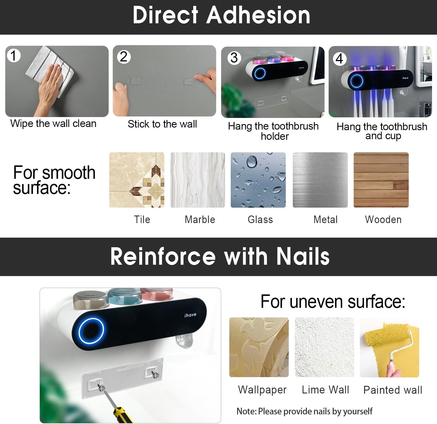 UV Toothbrush Sanitizer and Holder Smart Home Bathroom Accessory, 3 Cups Electric Toothbrush Holder Wall Mounted with Toothpaste Dispenser 