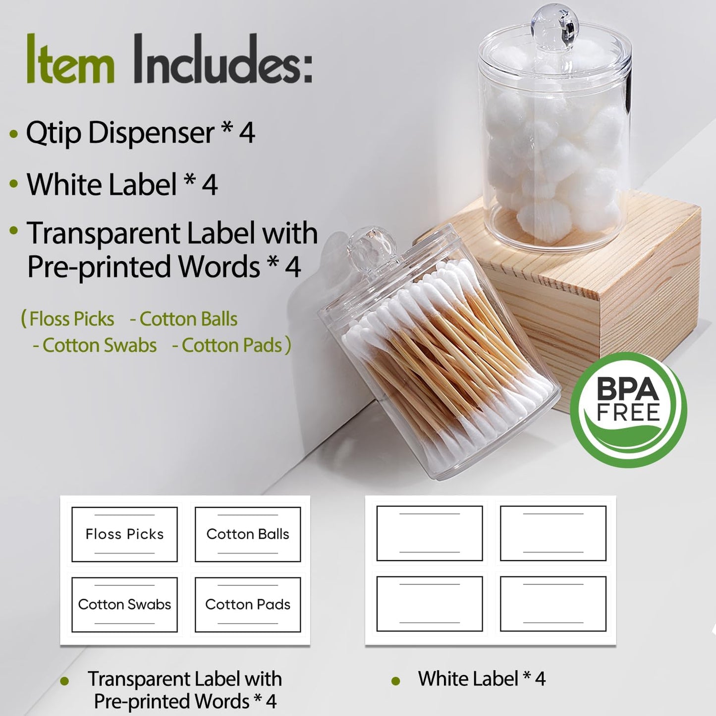 4 Pack Acrylic Qtip Holder Dispenser for Cotton Swabs, Balls, Pads, Floss Picks- Small Clear Plastic Canister Apothecary Jar Set, Vanity Makeup Storage Organizer