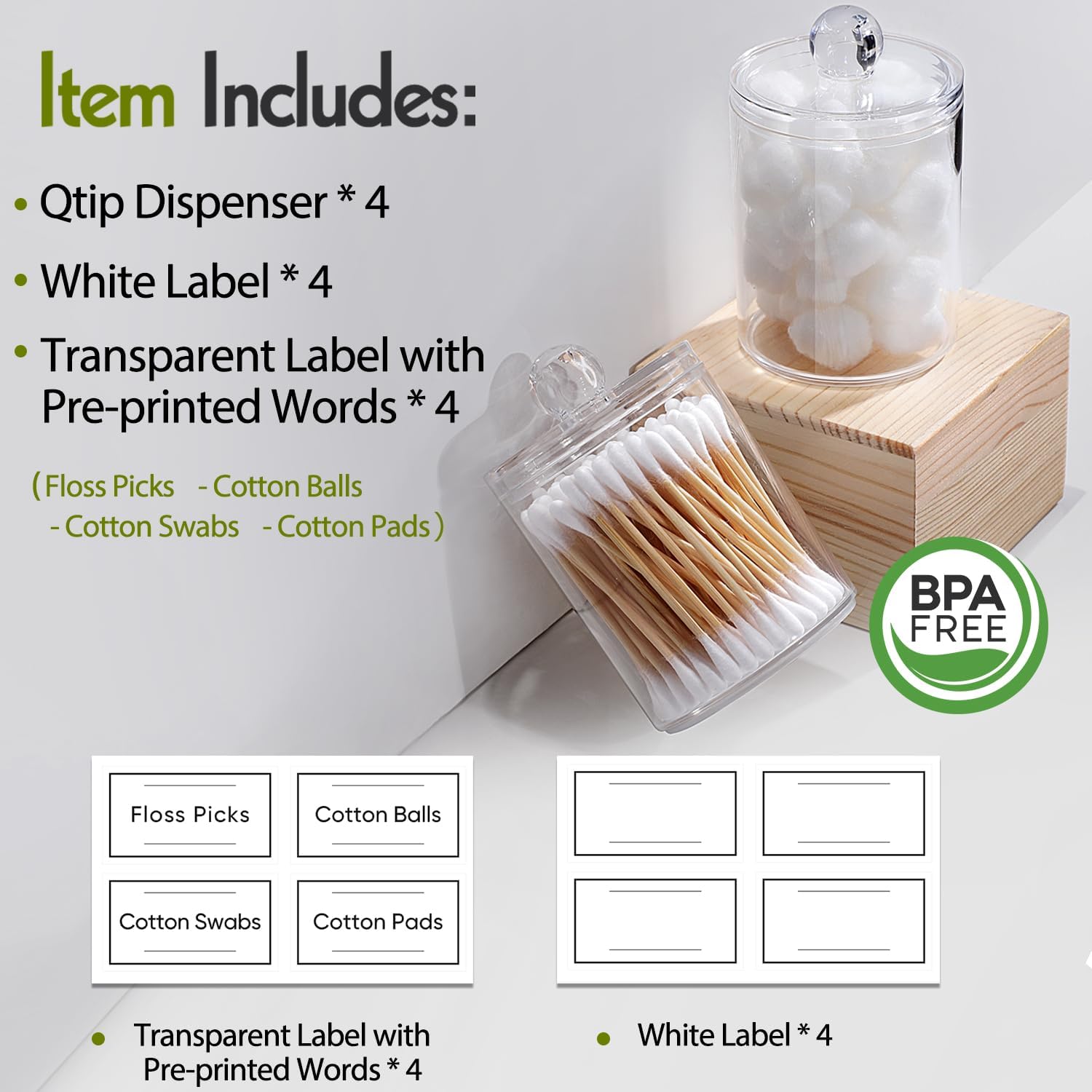 4 Pack Acrylic Qtip Holder Dispenser for Cotton Swabs, Balls, Pads, Floss Picks- Small Clear Plastic Canister Apothecary Jar Set, Vanity Makeup Storage Organizer