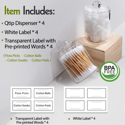 4 Pack Acrylic Qtip Holder Dispenser for Cotton Swabs, Balls, Pads, Floss Picks- Small Clear Plastic Canister Apothecary Jar Set, Vanity Makeup Storage Organizer