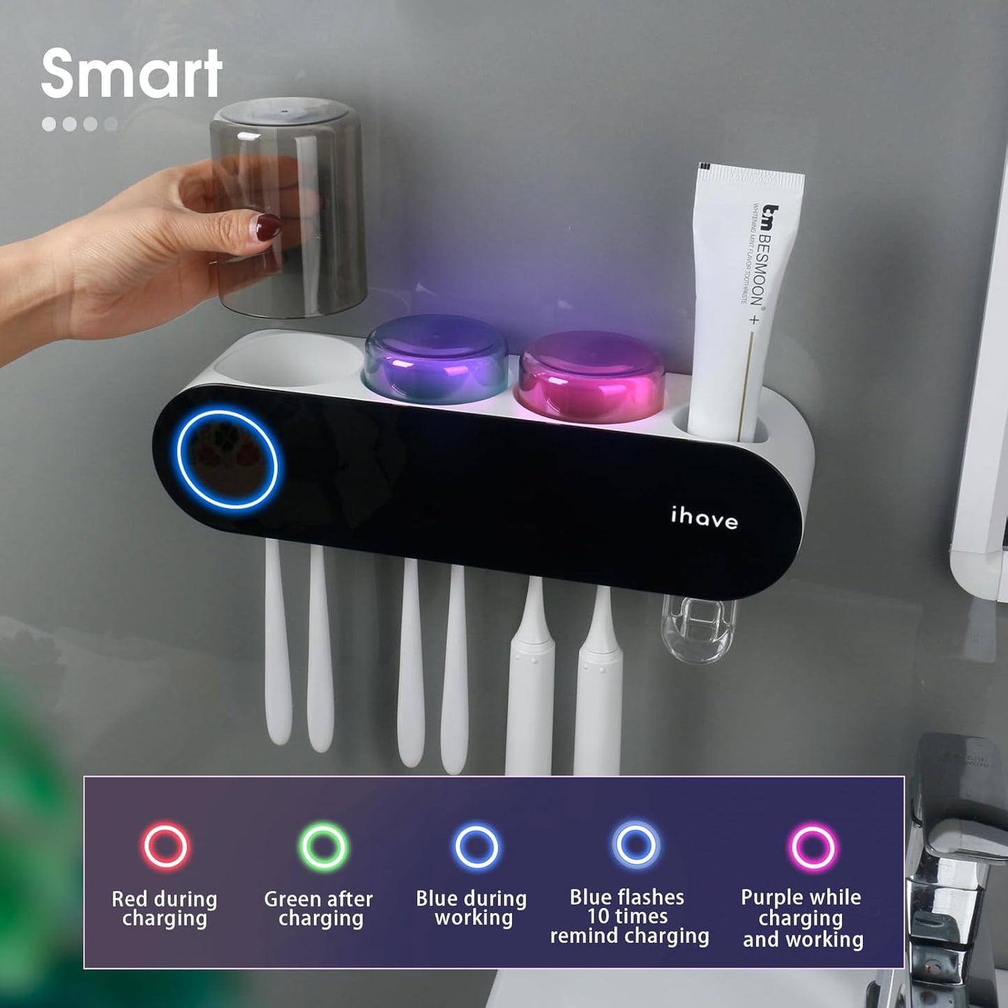 UV Toothbrush Sanitizer and Holder Smart Home Bathroom Accessory, 3 Cups Electric Toothbrush Holder Wall Mounted with Toothpaste Dispenser 
