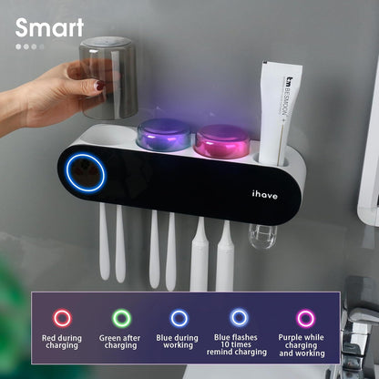 UV Toothbrush Sanitizer and Holder Smart Home Bathroom Accessory, 3 Cups Electric Toothbrush Holder Wall Mounted with Toothpaste Dispenser 