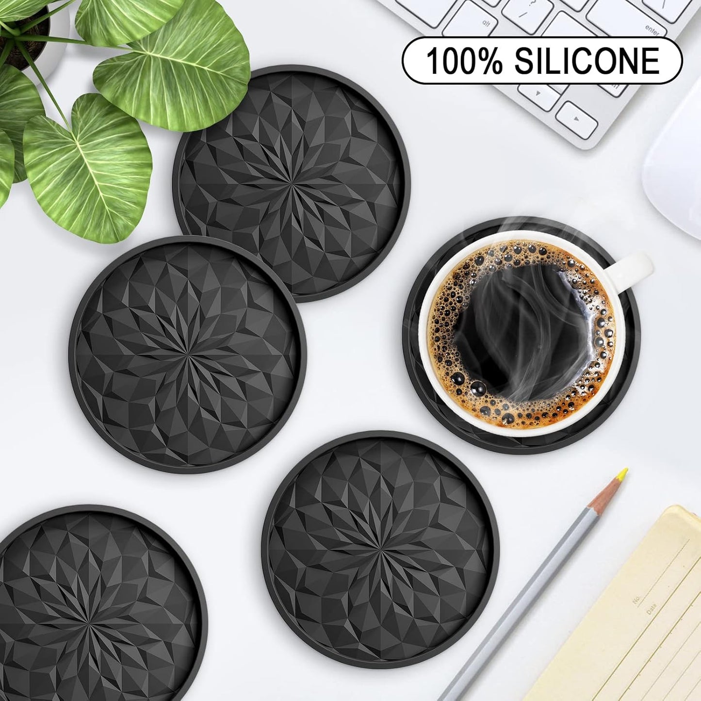 Silicone Coasters [6 Pack] Coasters with Holder -  Live for Hot or Cold Drink Thickened, Non-Slip, Non-Stick, Deep Tray